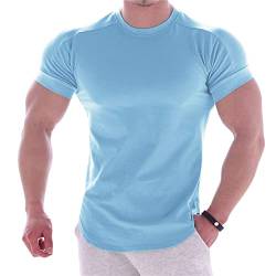 Männer Sommer T-Shirts Hochelastisch Slim Fit T-Shirt Männer Gebogener Saum Herren T-Shirts Einfarbig for Outdoor-Sportarten (Color : Sky Blue, Size : M) von ZOKOL