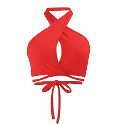 ZOKOL Frauen Sommer Tanktops einfarbig Kreuz Neckholder aushöhlen Leibchen Krawatte rückenfrei Bandage geerntete Bustier Weste (Color : Red, Size : S) von ZOKOL