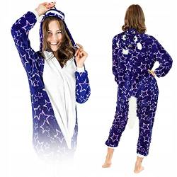 ZOLTA Jumpsuit Onesie für Damen und Herren - Sanft Kuschelig Unisex Pyjama - Warme Schlafanzug - Karneval Kostüm Damen oder Herren - Kostüm Einhorn Motiv - Größe 158-168 cm M - Einhorn in den Sternen von ZOLTA