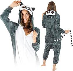 ZOLTA Jumpsuit Onesie für Damen und Herren - Sanft Kuschelig Unisex Pyjama - Warme Schlafanzug - Karneval Kostüm Damen oder Herren - Kostüm Einhorn Motiv - Größe 158-168 cm M - Lemur von ZOLTA