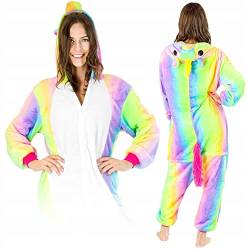 ZOLTA Jumpsuit Onesie für Damen und Herren - Sanft Kuschelig Unisex Pyjama - Warme Schlafanzug - Karneval Kostüm Damen oder Herren - Kostüm für Party und - Größe 148-160 cm S - Regenbogen-Einhorn von ZOLTA