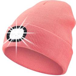 ZONSUSE Mütze mit 6 Led Licht,LED Winter Beanie,Beleuchtete Laufmütze,Strickmütze mit Stirnlampe,Abnehmbar,USB Aufladung, 3 Helligkeiten,für Herren Damen Nachtlauf Camping Reiten Angeln (Rosa) von ZONSUSE