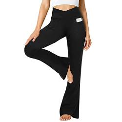 ZOOSIXX Schwarze Yogahose für Damen, Crossover, butterweich, Bootcut-Leggings, Solid Black With Pockets, S von ZOOSIXX