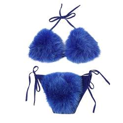 ZOSCGJMY Damen Flauschige Künstliche Fell Pelz Bikini Set Triangel Bikini Zweiteiliger Badeanzug (Blau) von ZOSCGJMY