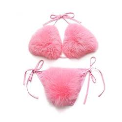 ZOSCGJMY Damen Flauschige Künstliche Fell Pelz Bikini Set Triangel Bikini Zweiteiliger Badeanzug (Rosa) von ZOSCGJMY