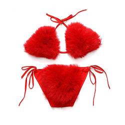 ZOSCGJMY Damen Flauschige Künstliche Fell Pelz Bikini Set Triangel Bikini Zweiteiliger Badeanzug (Rot) von ZOSCGJMY