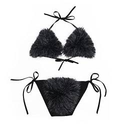 ZOSCGJMY Damen Flauschige Künstliche Fell Pelz Bikini Set Triangel Bikini Zweiteiliger Badeanzug (Schwarz-2) von ZOSCGJMY