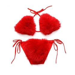 ZOSCGJMY Damen Kunstfell Neckholder String Triangle Bikini Sets Zweiteilige Badeanzüge, rot, onesize von ZOSCGJMY