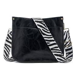 ZOUIQSS Dame Crossbody Taschen Leder Umhängetasche Frauen Hobo Handtasche mit Reißverschluss Schultertasche mit verstellbarem Riemen(Schwarz(5CM) ZEBRA3) von ZOUIQSS