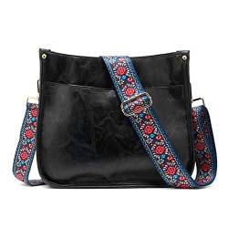 ZOUIQSS Dame Crossbody Taschen Leder Umhängetasche Frauen Hobo Handtasche mit Reißverschluss Schultertasche mit verstellbarem Riemen(Schwarz(5cm) Löwenzahn) von ZOUIQSS