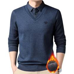 Herren Fake-Zweiteiliger Strickpullover Shirt, Herren Warm V-Ausschnitt Revers Slim Fit Casual Weich Warm Pullover für Papa Männer, Blau (dick), 165/M(50-60kg) von ZPLMIDE