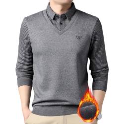 Herren Fake-Zweiteiliger Strickpullover Shirt, Herren Warm V-Ausschnitt Revers Slim Fit Casual Weich Warm Pullover für Papa Männer, Grau (dick), 175/XL(67-77kg) von ZPLMIDE