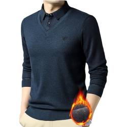 Herren Fake-Zweiteiliger Strickpullover Shirt, Herren Warm V-Ausschnitt Revers Slim Fit Casual Weich Warm Pullover für Papa Männer, Grün (dick), 170/L(60-67kg) von ZPLMIDE