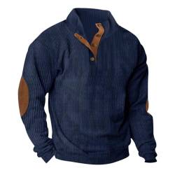 Men Button Henley Neck Corduroy Sweatshirt, Men Casual Essentials Stand Collar Corduroy Shirts Long Sleeve Pullover (Navy Blue,M) von ZPLMIDE