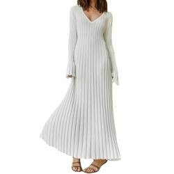 ZPLMIDE 2023 Fall New Sleeved Knit Midi Dress, Women's Ribbed Knit Maxi Dress V-Neck Slim-fit Sweater Dress Long White Bodycon (White,M) von ZPLMIDE