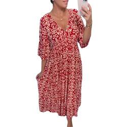 ZPLMIDE Bohemian Casual Print V-Ausschnitt Elastische Taille Wrap Langes Kleid Damen Sommer Casual Maxikleid Plus Size Boho Flowy Long Sundress, rot, X-Large von ZPLMIDE