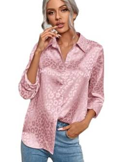 ZPLMIDE Damen Hemd mit V-Ausschnitt, Satin-Seidenimitat, Leoparden-Jacquard-Kragen, lose Bluse, OL Shirts, Büro, Freizeit von ZPLMIDE