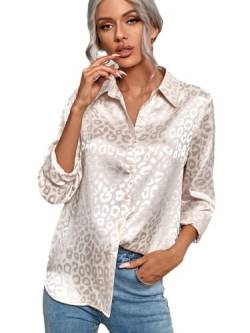 ZPLMIDE Damen Hemd mit V-Ausschnitt, Satin-Seidenimitat, Leoparden-Jacquard-Kragen, lose Bluse, OL Shirts, Büro, Freizeit von ZPLMIDE