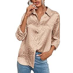 ZPLMIDE Damen Hemd mit V-Ausschnitt, Satin-Seidenimitat, Leoparden-Jacquard-Kragen, lose Bluse, OL Shirts, Büro, Freizeit von ZPLMIDE