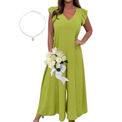 ZPLMIDE Damen-Jumpsuit für den Sommer, gerüscht, weites Bein, lässig, V-Ausschnitt, einfarbig, Fliegenärmel, Overall, Schnürung, gerüscht, weites Bein, Green a, 38 von ZPLMIDE