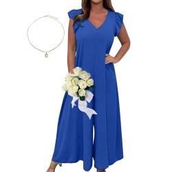 ZPLMIDE Damen-Jumpsuit für den Sommer, gerüscht, weites Bein, lässig, V-Ausschnitt, einfarbig, Fliegenärmel, Overall, Schnürung, gerüscht, weites Bein, blau, 42 von ZPLMIDE