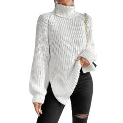 ZPLMIDE Damen Rollkragen-Strickpullover, einfarbig, Raglanärmel, geteilt, locker, lässiger Pullover (Weiß, XL) von ZPLMIDE