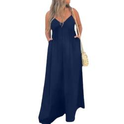 ZPLMIDE Jumpsuit mit V-Ausschnitt, mühelos, weites Bein, Damen-Jumpsuit, Übergröße, lässiger Jumpsuit, elegante Spaghettiträger, weites Bein, lange Hose, Strampler, blau, 54 von ZPLMIDE