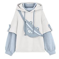 Harajuku Ästhetische Bär Anime Hoodie Damen Koreanisch Kawaii Sweatshirt Frauen Herbst Winter Casual Kapuzenpullover mit Bär Kawaii Schultertaschen (Blau, M) von ZQTWJ