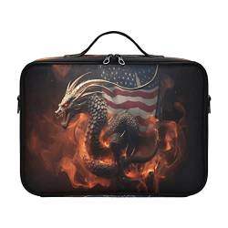 Independence Day American Flag Fire Dragon Tasche Reise Kosmetiktasche Taschen für Frauen Reise Kulturbeutel mit Fächern Gesicht Make-up Tasche Bolsa Cosmetiqueras Para Maquillaje für Damen Herren von ZRWLUCKY