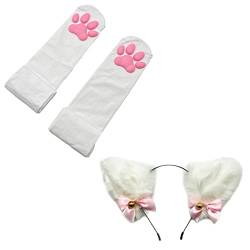 ZTVOWTO Cat Paw Pad Oberschenkelhohe Socken, Rosa 3D-Kätzchenkralle, elastische Strümpfe, niedliche Cat Paw Pad, Cosplay-Socken mit Fuchsohren, Stirnband für Mädchen und Frauen von ZTVOWTO