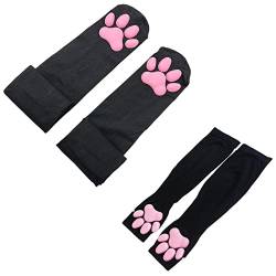 ZTVOWTO Süße Katze Paw Pad Oberschenkel Hohe Cosplay Socken mit Pink 3D Kitten Claw Fäustlinge Lange fingerlose Handschuhe für Mädchen Frauen (Schwarz-1) von ZTVOWTO