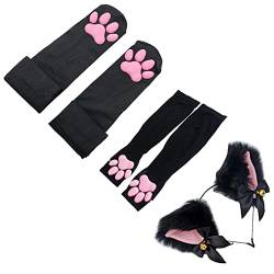 ZTVOWTO Süße Katze Paw Pad Oberschenkel Hohe Cosplay Socken mit rosa 3D Kitten Claw Fäustlingen Lange fingerlose Handschuhe und Fuchsohr Stirnband für Mädchen Frauen (Schwarz-3) von ZTVOWTO