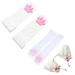 ZTVOWTO Süße Katze Paw Pad Oberschenkel Hohe Cosplay Socken mit rosa 3D Kitten Claw Fäustlingen Lange fingerlose Handschuhe und Fuchsohr Stirnband für Mädchen Frauen (Weiß-3)… von ZTVOWTO