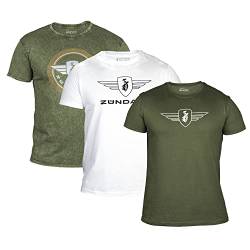 ZÜNDAPP T Shirt Herren oder Damen | Basic Tshirt 3er Set | Unisex Baumwoll T-Shirt 3er Pack (L, Oliv meliert + Oliv Uni + weiß Uni) von ZÜNDAPP