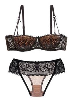 Nature Damen Dünn Abnehmbare Push Up Bralette Spitzen Balconette BH Set - (Schwarz 70C) von ZUKULIFE