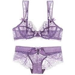 Nature Damen Spitze Ungefüttert Dünn Transparente Bügel BH und Panty Set - (Violett 85C) von ZUKULIFE