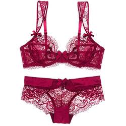 ZUKULIFE Damen Spitze Ungefüttert Dünn Transparente Bügel BH und Panty Set - (Rot 75A) von ZUKULIFE