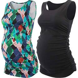 ZUMIY Schwangere Top, Maternity-Shirt Schwangerschaft Stilltop, Frauen Baumwoll Rundhals Rüschen Taille Mutterschaft Unterwäsche (XL, Black+Green Pattern/2-pk) von ZUMIY