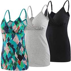 ZUMIY Schwangerschaft Stillen Top, Damen Baumwolle Umstandskleidung Schlaf Ärmellos Cami mit Verstellbaren Trägern (L, Black+Grey+Green Pattern/3-pk) von ZUMIY