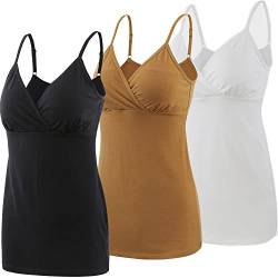 ZUMIY Schwangerschaft Stillen Top, Damen Baumwolle Umstandskleidung Schlaf Ärmellos Cami mit Verstellbaren Trägern (L, Black+White+Olive/3pack) von ZUMIY