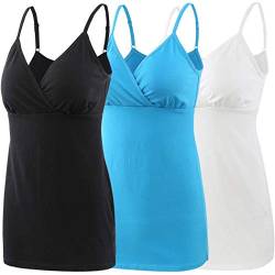 ZUMIY Schwangerschaft Stillen Top, Damen Baumwolle Umstandskleidung Schlaf Ärmellos Cami mit Verstellbaren Trägern (Large, Black+White+Lake Blue/ 3-pk) von ZUMIY