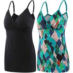 ZUMIY Schwangerschaft Stillen Top, Damen Baumwolle Umstandskleidung Schlaf Ärmellos Cami mit Verstellbaren Trägern (M, Black+Green Pattern/2-pk) von ZUMIY