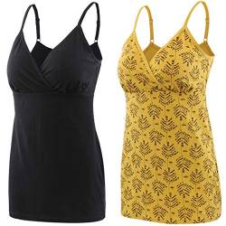 ZUMIY Schwangerschaft Stillen Top, Damen Baumwolle Umstandskleidung Schlaf Ärmellos Cami mit Verstellbaren Trägern (M, Black+Yellow Printing/ 2-pk) von ZUMIY