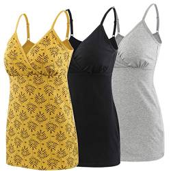 ZUMIY Schwangerschaft Stillen Top, Damen Baumwolle Umstandskleidung Schlaf Ärmellos Cami mit Verstellbaren Trägern (S, Black+Grey+Yellow Printing/ 3-pk) von ZUMIY