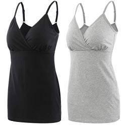 ZUMIY Schwangerschaft Stillen Top, Damen Baumwolle Umstandskleidung Schlaf Ärmellos Cami mit Verstellbaren Trägern (XL, Black+Grey/ 2-pk) von ZUMIY