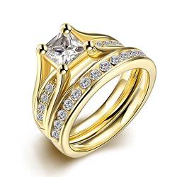 ZUMUii Butterme 316L Titanedelstahl -Gold überzogenes Princess Cut Solitaire CZ Versprechen Ringe - Frauen der Männer Wedding Bands Ringe Set Größe 7 von ZUMUii