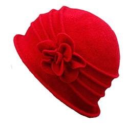 ZUMUii Butterme Damen Winter Elegante Blumen-Wool Cap Beret Mütze Cloche Bucket Hat (Rot#1) von ZUMUii