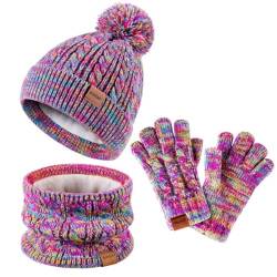 ZUPPAD Mütze und Schal Kinder Set, Kinder Beanie Mütze Winter mit Bommel Strick Halswärmer Schlauchschal Warme Handschuhe Fleece-Gefüttertes Set für Mädchen, Kleinkinder und Kinder(Regenbogen-Mix) von ZUPPAD