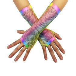 ZUYPSK Damen Fingerlose Handschuhe Armstulpen Regenbogen Bunt Farbe Netzhandschuhe Party Fasching Karneval Kostüme Zubehör (Mehrfarbig Lang, Einheitsgröße) von ZUYPSK