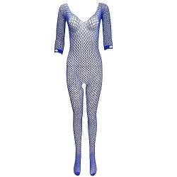 ZUYPSK Damen Netz Body Ouvert Catsuit Transparent Bodystocking Ganzkörperanzug Overall mit Fischnetz Strumpfhose Offener Schritt (Einheitsgröße, Blau) von ZUYPSK